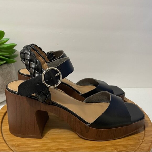 Black Chunky Platform Sandal Square Toe Faux Leather Ankle Strap Heel Size 11 - Picture 2 of 7